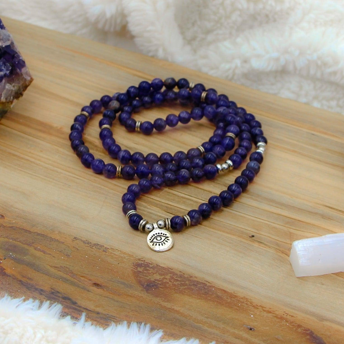 Peaceful Amethyst Third Eye Mala Bead Necklace for meditation, chakra healing, and spiritual balance.