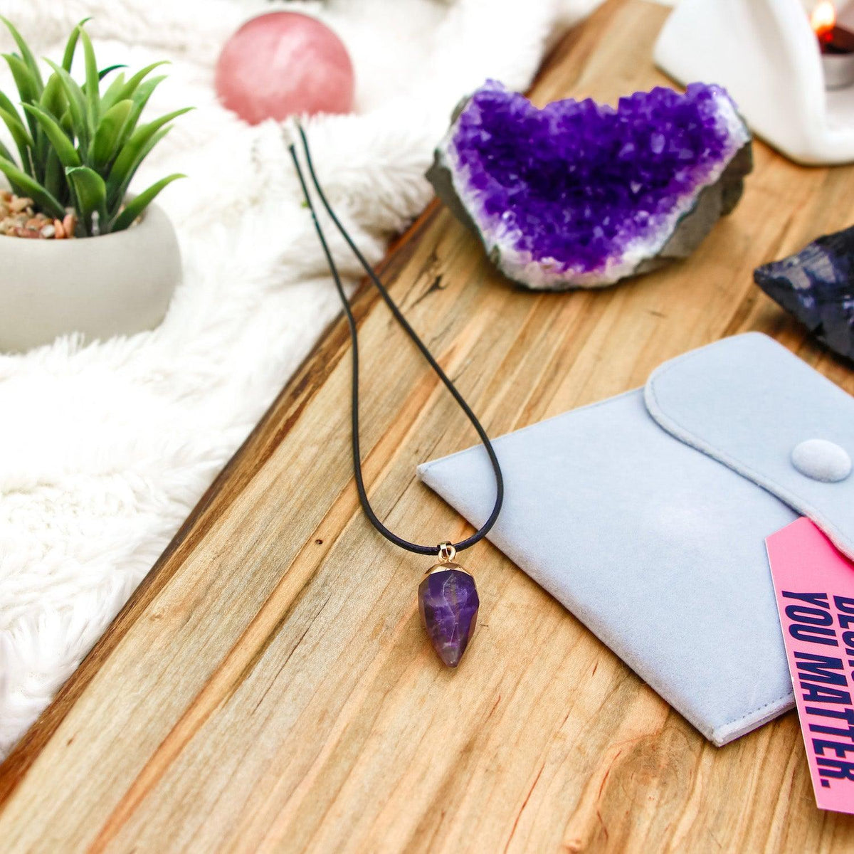 Pendant Drop Amethyst Necklace for anxiety relief, emotional balance, and spiritual guidance, making it perfect for spiritual gifts or gemstone jewelry.