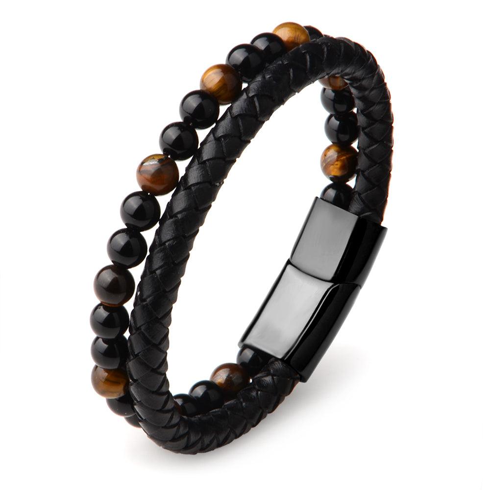 Tiger&#39;s Eye Leather Bracelet with braided black leather for mental clarity and emotional strength.