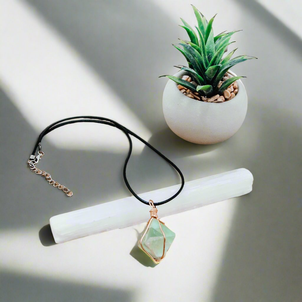 Fun and feminine Green Fluorite Necklace for heart healing and spiritual growth, making it an excellent spiritual gift for people with anxiety. 