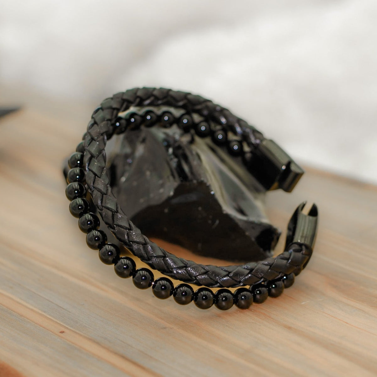 Grounding Black Agate Leather Bracelet