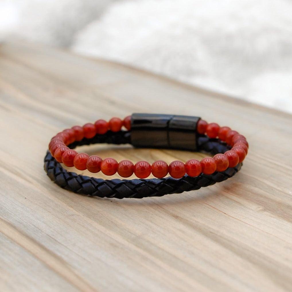 Fiery Red Agate Leather Beaded Bracelet for self-confidence, anxiety relief, and motivation.