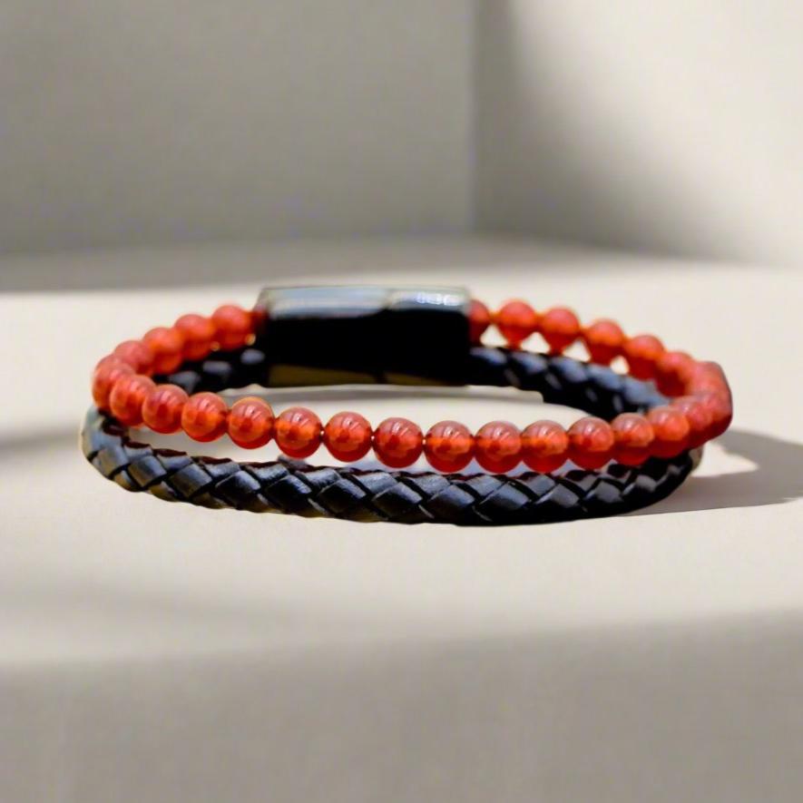 Fiery Red Agate Leather Beaded Bracelet for self-confidence, anxiety relief, and motivation.