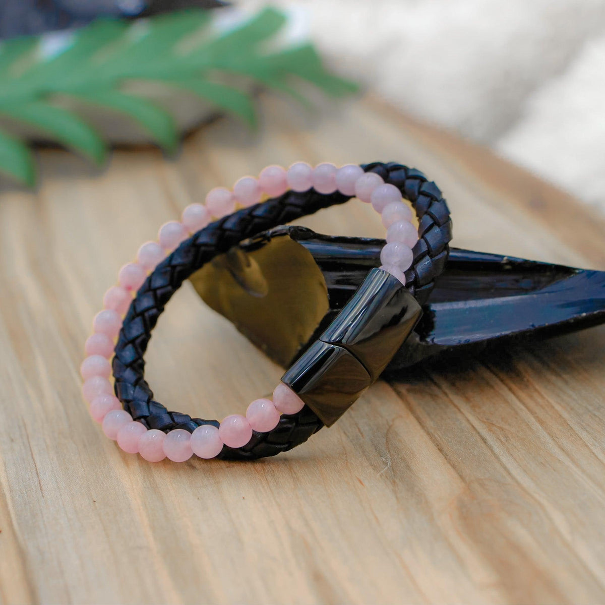 Loving Rose Quartz Leather Bracelet with magnetic clasp for compassion and emotional balance.