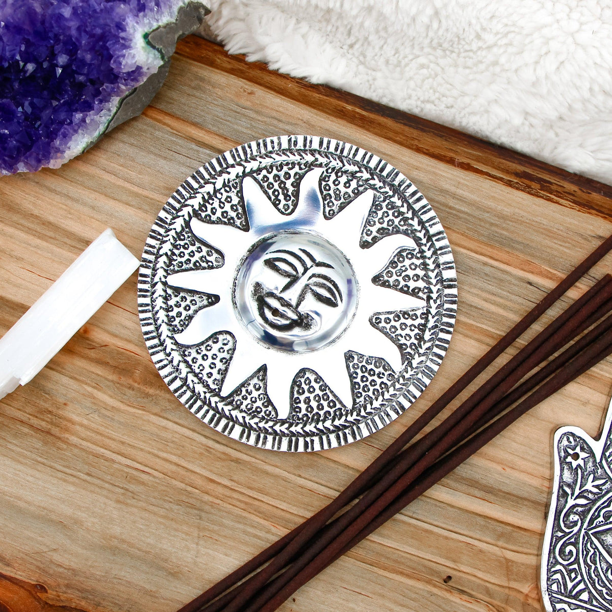 Sun Aluminum Incense Burner for incense sticks and cones, symbolizing positivity and light.