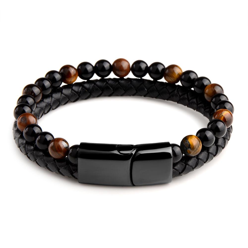 Tiger&#39;s Eye Leather Bracelet with braided black leather for mental clarity and emotional strength.