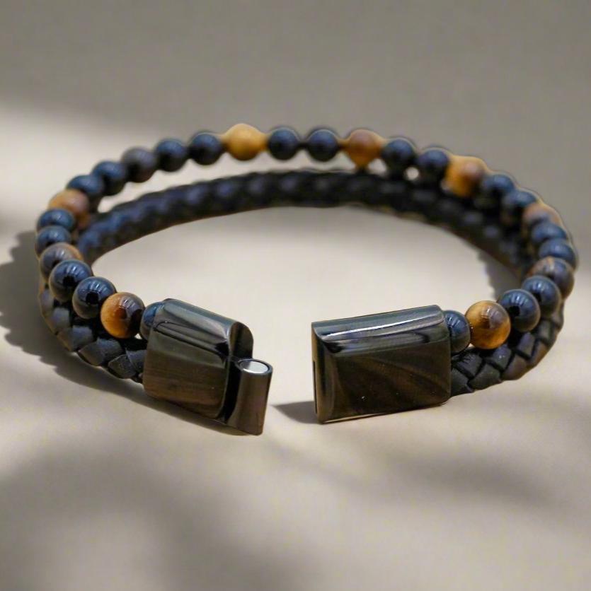 Tiger&#39;s Eye Leather Bracelet with braided black leather for mental clarity and emotional strength.