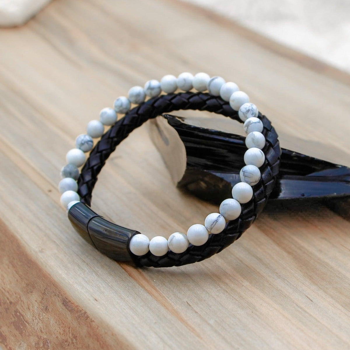 Quiet Mind White Howlite Leather Bracelet with crystals for anxiety and emotional balance.