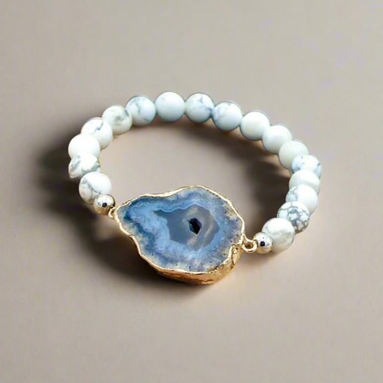 Soothing Snowy White Howlite Bracelet with agate slab, healing stones, and crystals for anxiety.